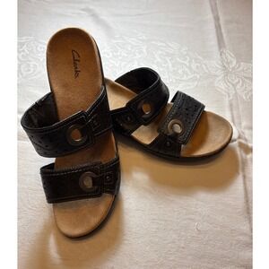 Clarks Womens Black Leather Perforated Double Strap Slide Sandals 11M 26065748